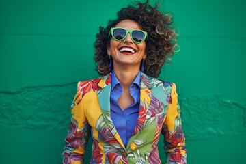 happy woman in her 20s or 30s with sunglasses wearing bold, modern, colorful jacket and blue shirt on green background; smiled person is looking up