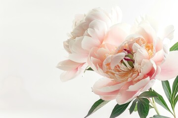 Realistic photograph of a complete Peonies,solid stark white background, focused lighting