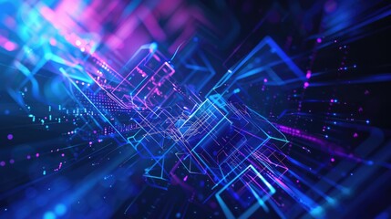Obraz premium A dynamic technology-themed background with luminous blue and purple lines forming intricate geometric shapes, creating a sense of depth and digital sophistication
