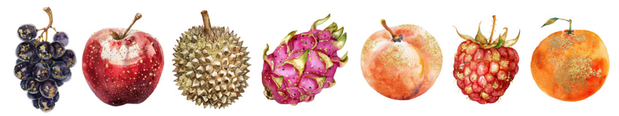 Obraz premium Glitter watercolor fruits png on transparent background