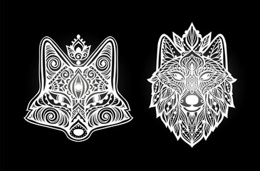 Wolf mandala Fox. Vector illustration. Adult coloring page. Spiritual Animal in Zen boho style. Sacred, Peaceful. Tattoo tribal print. Black and white