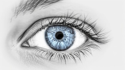 human eye, iris, pupil, white isolated background, copy and text space, 16:9