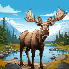 big deer in the river with beautiful natural views