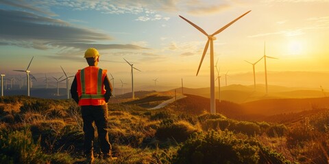 Engineer in reflective vest surveys expansive wind farm at sunset, symbolizing renewable energy progress.
