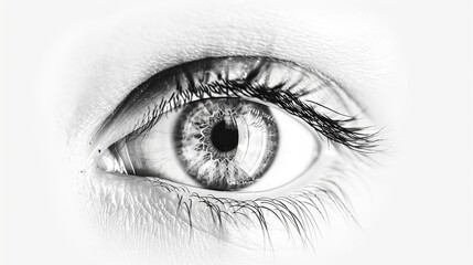 human eye, iris, pupil, white isolated background, copy and text space, 16:9