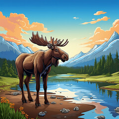 big deer in the river with beautiful natural views