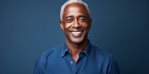 Indigo Background Happy black american independant powerful man. Portrait of older mid aged person beautiful Smiling boy Isolated on Background ethnic diversity equality acceptance concept with copysp