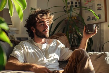 Casual young man sipping coffee in a sun-drenched living room filled with plants, exuding a serene morning vibe.

