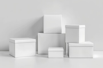 Realistic photograph of a complete Product boxes,solid stark white background, focused lighting