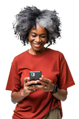 Middle age afro-haired woman holding a mobile phone