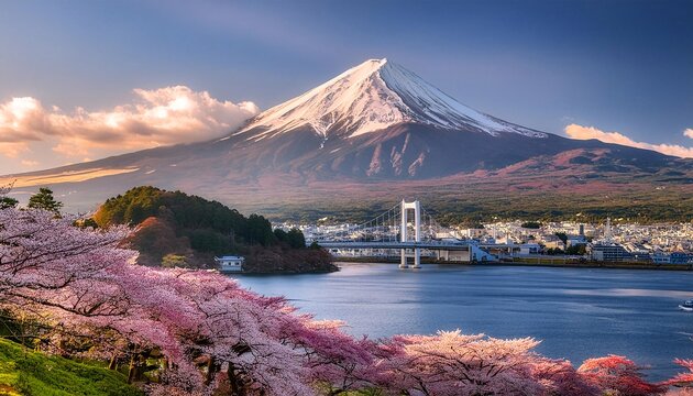 Mount Puji in Japan is decorated with beautiful cherry trees. generative ai