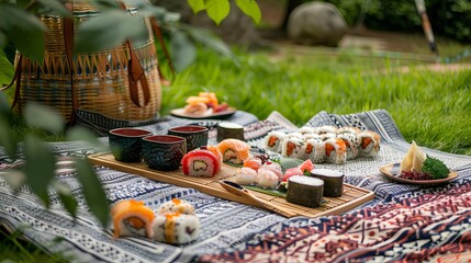 A stylish sushi set arranged on a picnic mat in a garden, creating a delightful outdoor dining experience.