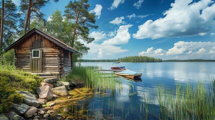 A traditional wooden hut, commonly found in Finnish saunas situated on lakeshores, along with a pier featuring fishing boats. This scene captures the essence of a serene summer landscape.