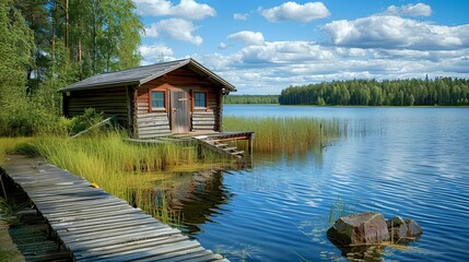 A traditional wooden hut, commonly found in Finnish saunas situated on lakeshores, along with a pier featuring fishing boats. This scene captures the essence of a serene summer landscape.