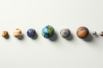 Realistic photograph of a complete Solar systems,solid stark white background, focused lighting