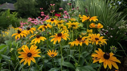Yellow summer flowers blooming in an annual garden, adding a bright and cheerful touch to the landscape.