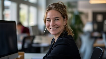 Fototapeta premium Professional Woman Smiling in Modern Office, Business Workplace Concept for Diversity in the Corporate Environment, Stock Photo for Marketing and Presentation Use