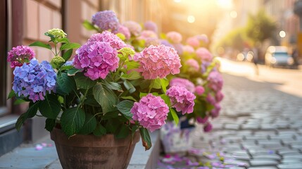 A bush of hydrangeas blooming in a flower pot adorning a town street. This flowerbed adds charm to the surroundings, often found near cafes or stores. 