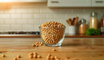 A glass bowl filled with soybeans sitting atop a wooden table.
