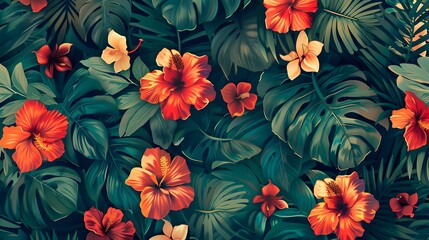 Seamless Patterns Floral Tropics: Lush, vibrant flowers and leaves intertwined in a dense, repeating tropical motif.