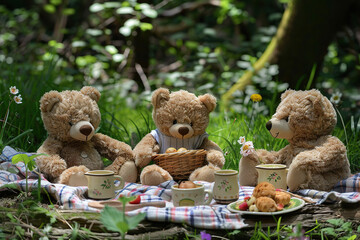 Teddy bears with picnic basket, fruit and bread on carpet and beautiful garden lawn to commemorate Teddy Bear Picnic Day July 10