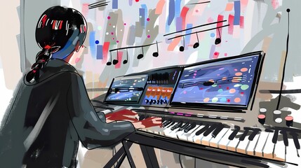 Musical hacker composing with algorithmic symphonies, where data streams become melodies, a digital maestro