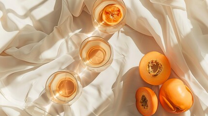 Two glasses of water accompanied by halves of persimmon fruits, arranged on a pastel background with a white cloth and bathed in sunlight. This composition embodies the concept of summer drinks