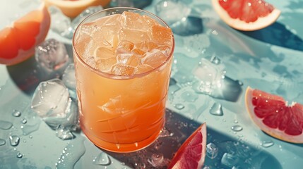 A high-angle shot of a bloody margarita cocktail made with grapefruit juice, placed on a table next to ice cubes on a sunny summer day.