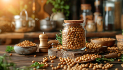 Soybeans in a clear jar sit on a wooden table surrounded by kitchen utensils, herbs, and spices in a sunlit rustic kitchen during the morning.
