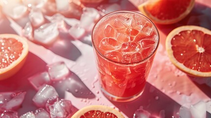 A high-angle shot of a bloody margarita cocktail made with grapefruit juice, placed on a table next to ice cubes on a sunny summer day.