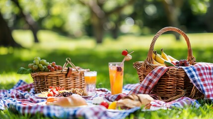 A close-up of a picnic setup featuring food, drinks, and a picnic basket arranged on a blanket in the grass at a summer park, highlighting the leisure and eating concept.
