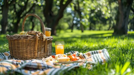 A close-up of a picnic setup featuring food, drinks, and a picnic basket arranged on a blanket in the grass at a summer park, highlighting the leisure and eating concept.
