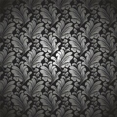 a black background wallpaper with elegant silver floral motifs