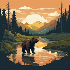 vector graphic of a bear standing on a river with a mountain background