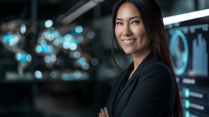Naklejka premium Confident Asian Businesswoman in Modern Office, Professional Corporate Environment, Technology Analysis, Data Visualization