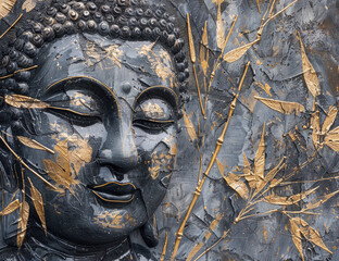 Fototapeta premium A closeup of the Buddha's face, with golden lotus flowers and leaves on his head, surrounded by an ancient temple wall background, painted in black gray tones with gold lines