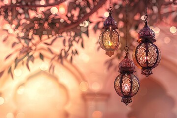 Exquisite Arabic cultural background adorned with hanging lantern, evoking a serene Ramadan Kareem vibe.