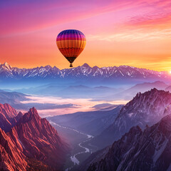 Fototapeta premium A vibrant sunset with majestic mountains and a colorful hot air balloon flying above them.