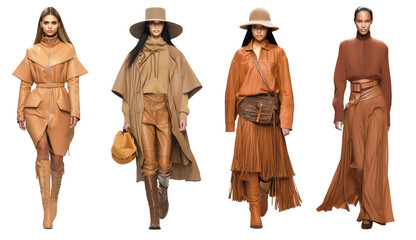 Naklejka premium Set of brown fashion outfit models on png background. Ideal set for moodboards design and collage art. Brown aesthetic trends.