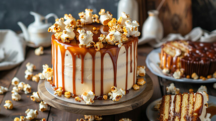 Delicious homemade cake with caramel sauce and popcorn