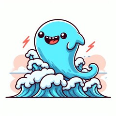 A cartoonish blue ghost is floating on top of a wave