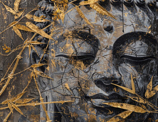 Fototapeta premium A closeup of the Buddha's face, with golden lotus flowers and leaves on his head, surrounded by an ancient temple wall background, painted in black gray tones with gold lines