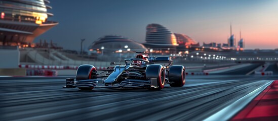 Sleek race car streaks around evening time race track, its headlights cutting through darkness. Motion blur.