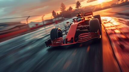 Modern race car speeding down race track at sunset. Car's wheels blurred, creating sense of high speed. Motion blur.