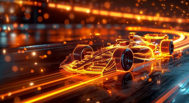 Sleek, futuristic race car streaks down neon-lit track at night, leaving trail of glowing light. Motion blur effect.