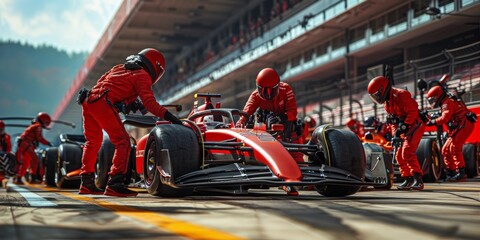 Pit Stop Precision. Crew in red suits performs fast and coordinated pit stop. Team works swiftly on race car. Motorsport.