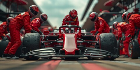Obraz premium Pit Stop Precision. Crew in red suits performs fast and coordinated pit stop. Team works swiftly on race car. Motorsport.