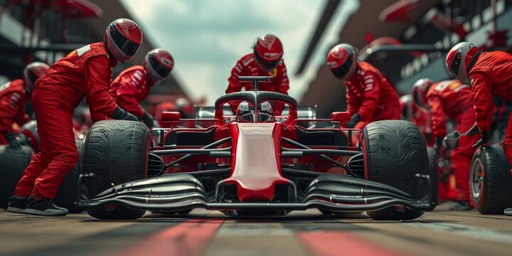 Pit Stop Precision. Crew in red suits performs fast and coordinated pit stop. Team works swiftly on race car. Motorsport.