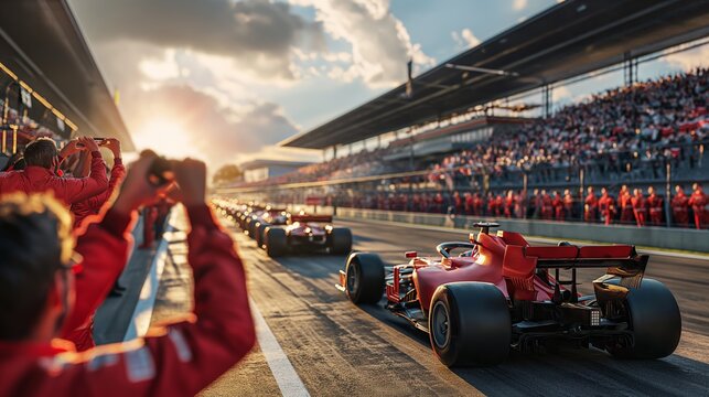 Race day, with crowd eagerly awaiting action. Race cars prepares to race while pit crew and audience look on.