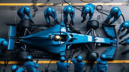 View from above, car receives rapid servicing from dedicated pit crew in blue gear. Coordination and efficiency required to maintain competitive edge in racing.